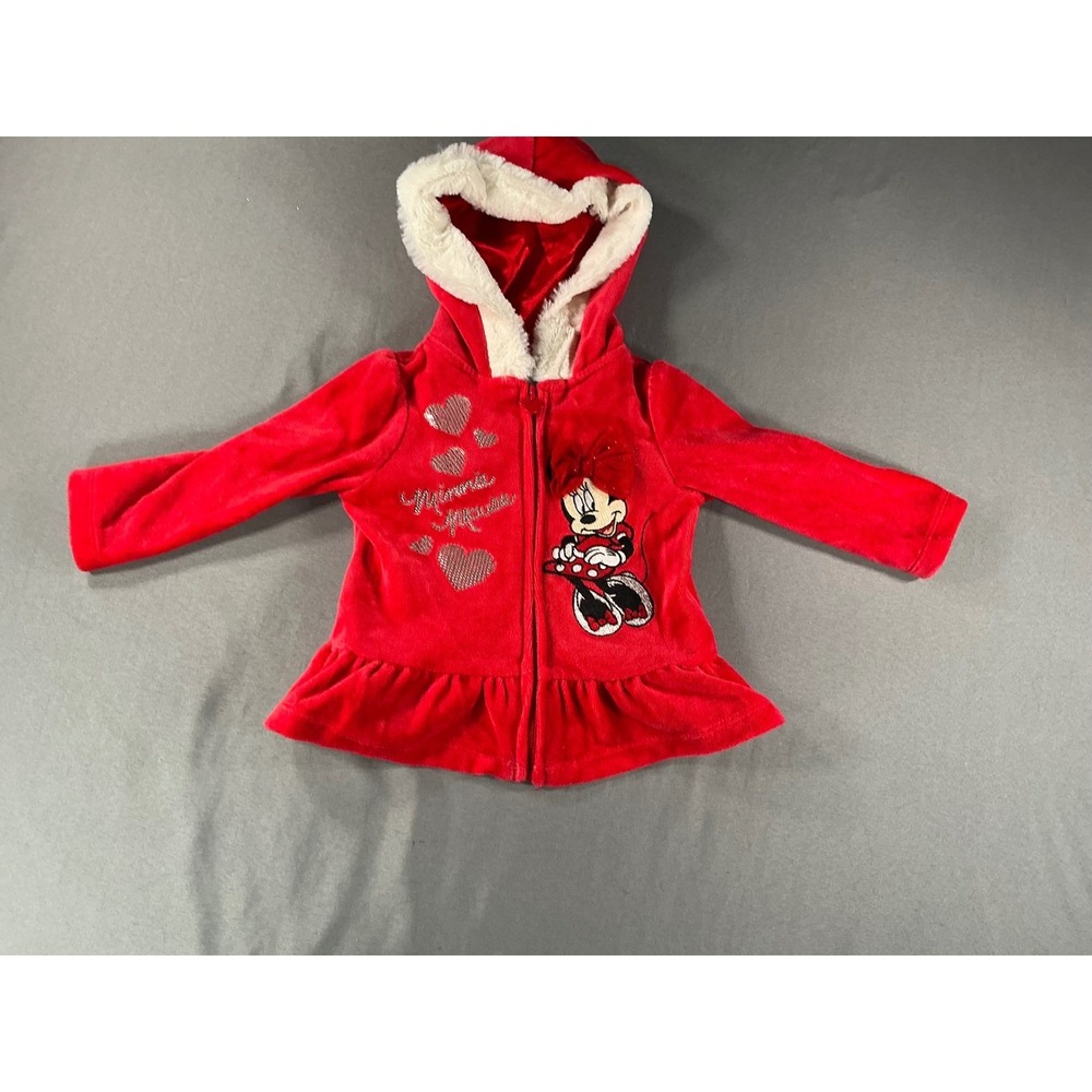 Disney Minnie Mouse Red Velour Peplum Zip Up Hoodie Faux Fur Trim 12M